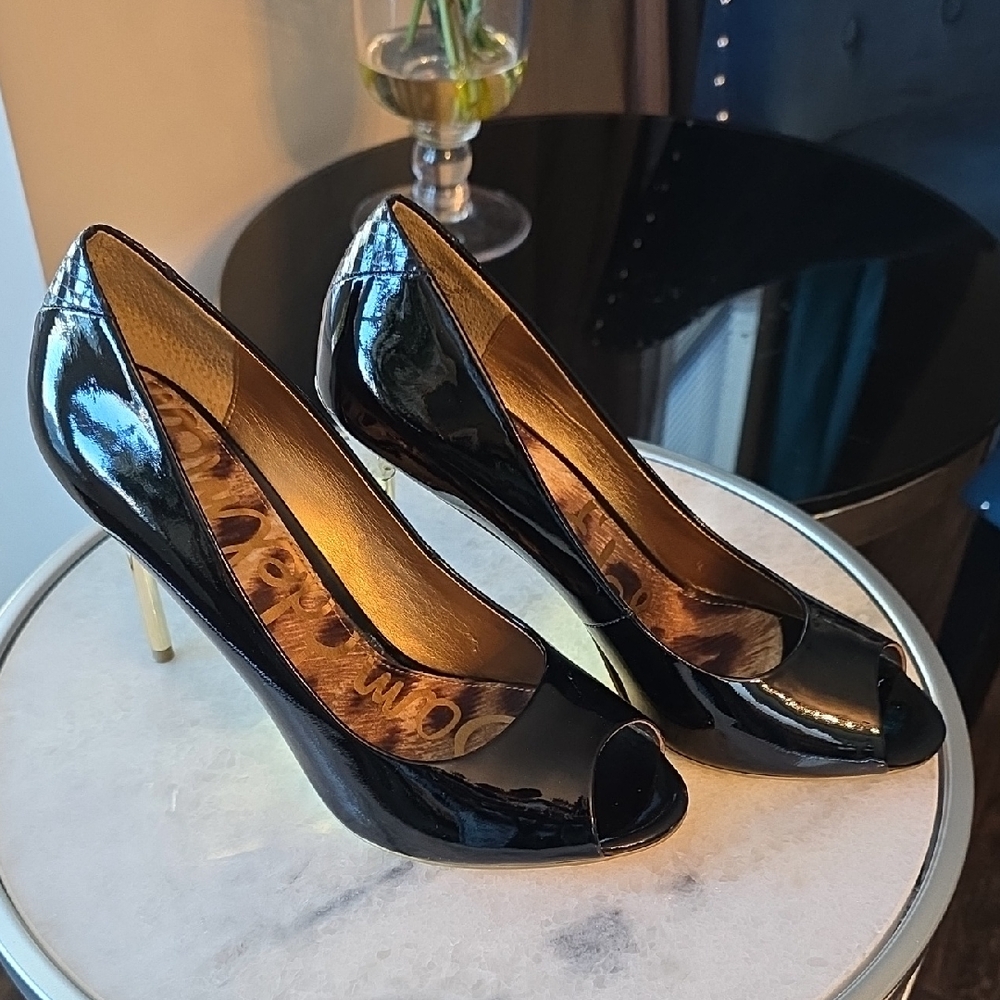 Sam Edelman Black Patent Peep-Toe Heels